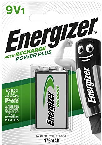 Energizer Recharge Power Plus - Rechargeable 9V Battery (1 Pack) - 175 mAh NiMH - Fire Alarms, Smoke Detectors, Radios, Toys - 100% Recyclable Plastic Free Packaging
