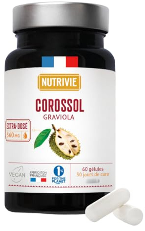 Corossol Graviola Hautement dosé 560 mg - Antioxydants, Vitamines & Minéraux -100% Naturel - Sans conservateur - 60 Gélules - 1 à 2 mois de cure - Fabriqué en France – Nutrivie