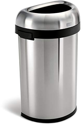simplehuman CW1468 60L Semi-Round Open Office Business Commercial Bin, Large Capacity, Dent-Resistant, Lift-Off Lid, Side Handles, Non-Skid Base, Brushed Heavy-Gauge Stainless Steel
