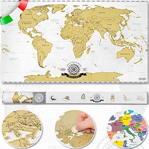 GOODS+GADGETS® Mappa del Mondo da Grattare - Versione Italiana | Carta spessa, strato oro da grattare, nomi in italiano - ideale come regalo per viaggiatori