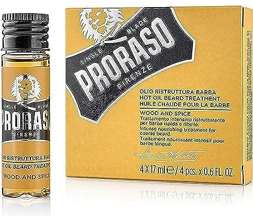 Proraso Olio Ristruttura Barba Wood and Spice, 4 x 17ml, Olio barba nutriente, Olio barba uomo dalla profumazione speziata e legnosa, Made in Italy
