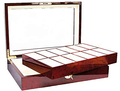 SAFE 260 Lackholz Uhrenaufbewahrungsbox Herren Damen aus Holz für 12 Uhren - mahagonifarbend - einzeln abnehmbare Fächer - Verschließbar - mit Klarsicht Deckel - Format 360 x 238 x 76 mm | Mahagonifarbener Holzkorpus, Sichtdeckel und zwölf entnehmbare Uhrenhalter