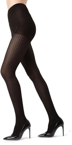 MeMoi Chevron Control Top Tights, Medium-Weight Smoothing Tummy Control Tights, 60 Denier - Sizes Small to Queen 2, Black, Large/X-Large