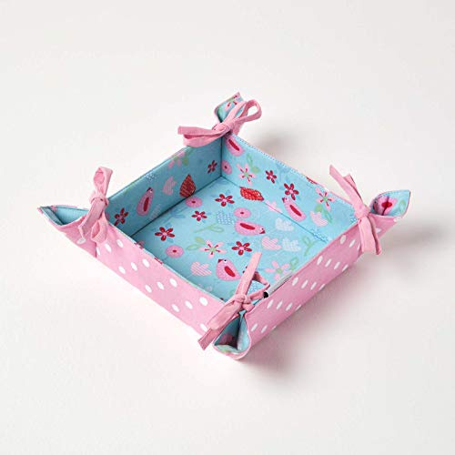 HOMESCAPES Reversible Bread Basket Double Design Fabric Birds & Flowers Foldable Basket for Buns Eggs Baked Goods 100% Cotton Cover