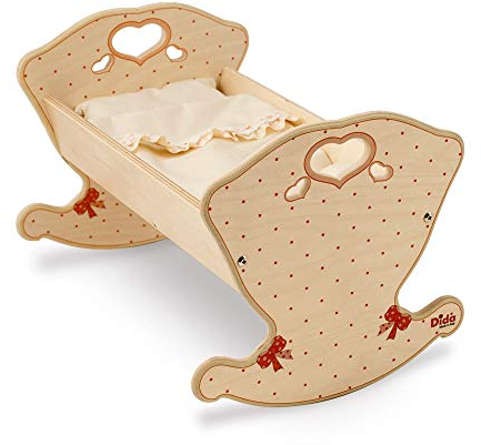 Dida - Kleine Puppenwiege Aus Holz Mit Matratze Und Kopfkissen + Bettlaken Für Puppen Bis 35 cm Grösse - Dekoration: Schleifen. Ideal Für Die Puppenecke im Kindergarten Und In der Kinderkrippe