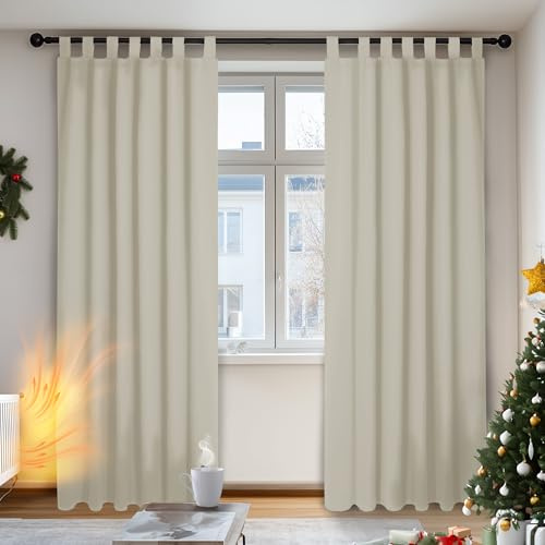 Deconovo Super Soft Thermal Insulated Blackout Curtains Tab Top Curtains for Bedroom 140x175cm Light Beige ONE Pair