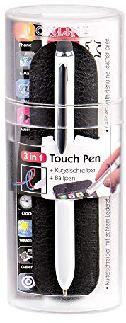 Online Schreibgeräte 80043 3-in-1 Multi Touch Pen White, 2-Farb-Kugelschreiber aus Metall, D1 Standardmine rot und blau, Stylus Tip, mit Echtleder-Etui, weiß