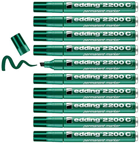 edding 2200 C permanent marker - green - box of 10 - chisel tip 1-5 mm - quick-drying permanent marker pen - waterproof, smudge-proof - for cardboard, plastic, wood, metal, fabric