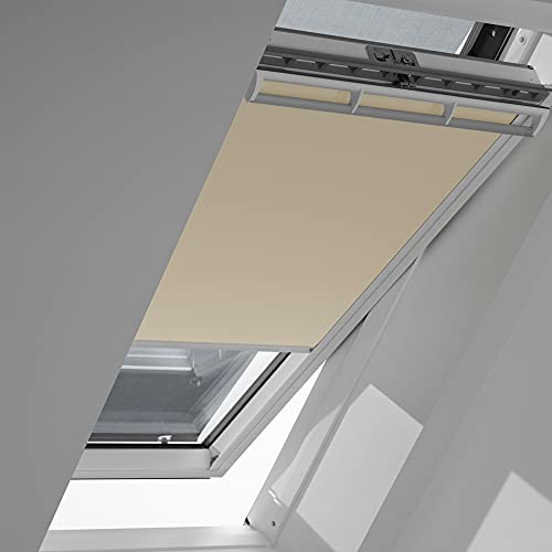 Original VELUX Vorteils-Set ( Verdunkelungs-Rollo + Hitzeschutz-Markise ) für GGL GHL GTL GPL GXL PK08 und GGU GHU GTU GPU GXU PK08 in Stofffarbe 1085 Beige – Markise in 5060 schwarz, Seitenschienen in Silber / DOP PK08 1085S