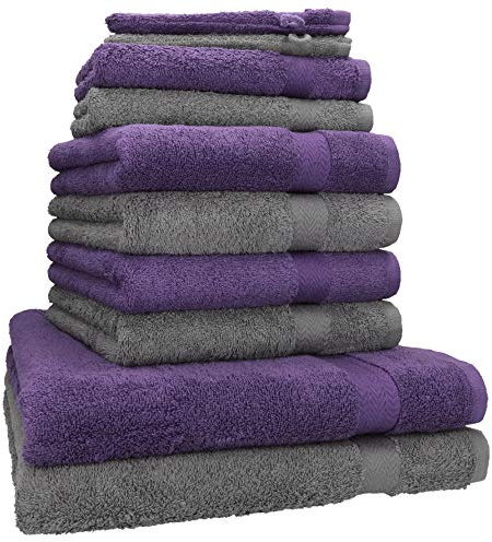 Betz Premium 10er Frottier Handtuch-Set - 2X Duschtücher - 4X Handtücher - 2X Gästetücher - 2X Waschhandschuhe - Farbe Lila & Anthrazit