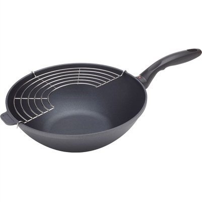 Swiss Diamond 4.9 quart Induction Wok with Lid & Tempura Rack, Gray, 11.8