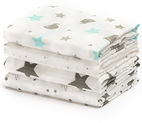 CuddleBug 4er-Pack Pucktücher 120x120 cm - 100% Baumwoll Musselin Tuch Baby, Pucktuch 120x120 cm, Atmungsaktive Decke Neugeborenen, Pucksack Baby 0-3 Monate, Spucktücher Baby, Swaddle