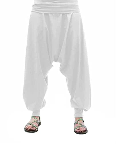 SAVARI | Harem Byxor utan fickor | Etniska | Bekväm | Idealiska byxor för yoga, pilates och dans | Unisex | Lågt kast och bred midja | Slät | Vit | Storlek M | Stora storlekar tillgängliga