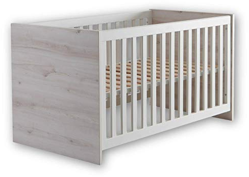 Stella Trading CUBY Sicheres Babybett mit 70 x 140 cm Liegefläche - Schönes Baby Gitterbett für einen geborgenen Schlaf in Aurum Optik & Weiß - 77 x 78 x 144 cm (B/H/T)