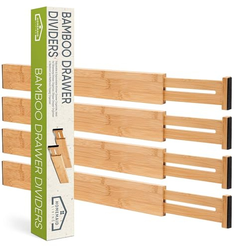 Homemaid Living Bamboo Drawer Organizer Adjustable and Expandable - Ideal Drawer Dividers for Kitchen, Dresser, Bedroom and Bathroom - Expandable Drawer Organizer Set of 4 - Water-Resistant Finish