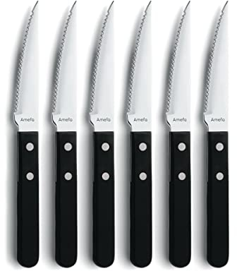 Amefa Pizza 7000 Steakbesteck, 6 x Steakmesser, Messer mit Wellenschliff für 6 Personen, Klingenstahl 13/0, Schwarze genietete Kunststoff-Griffe, Für Steak, Fleisch und Pizza