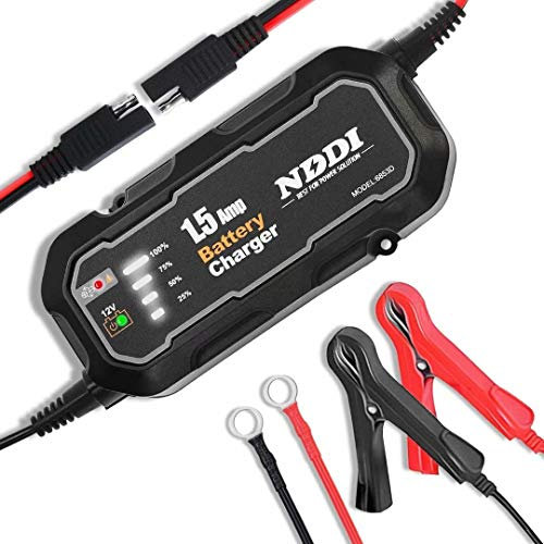 NDDI Car Battery Charger, Portable 12V 1.5Amp Smart Battery Charger with LED Charging State Lights, Battery Maintainer, Fully Automatic for Car Truck Motorcycle SUV Boat