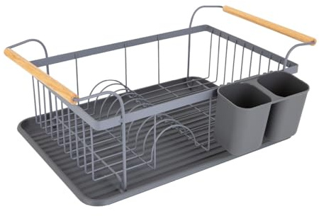 Tower Scandi Dish Drainer Rack with Removable Drip Tray and Cutlery Holder, Grey with Wood Effect Handles One Size, T847009GRY