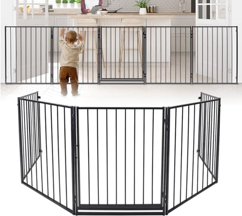 LZQ Grille de protection pour cheminée avec porte - Noir - 5 pièces - Longueur totale : 305 cm - Pliable - Pour enfants et animaux domestiques