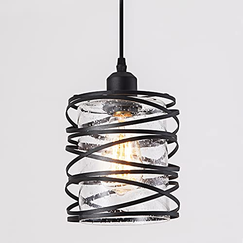FISGONI Modern Mini Pendant Light Fixture Kitchen Island Pendant Lighting 6.30''Matte Black Spiral Cage Handblown Clear Seeded Glass Shade Hanging Lamp Adjustable Cord for Dining Room 1-Pack,E26