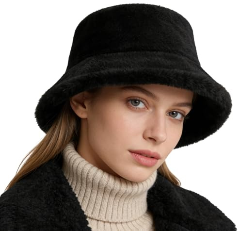 ITODA Chapeau Femme Dames Hiver Epaissie en Peluche Chapeau de Pêcheur Fausse Fourrure Chaleur Large Bord Bonnet Melon Coupe-Vent Chapeau de Bassin Pliable Confortable Protection Tête/Visage