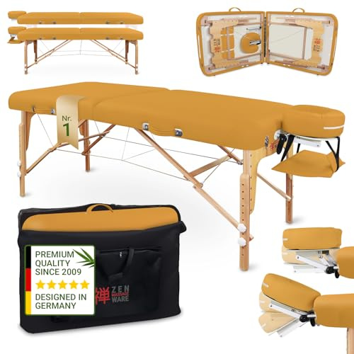 ZEN - Lettino massaggio Round Corner mobile pieghevole&regolabile - Tavolino massaggio legno massiccio angoli rotondi da massaggi attivi - Panchina massaggi con poggiatesta, braccioli e borsa (giallo)
