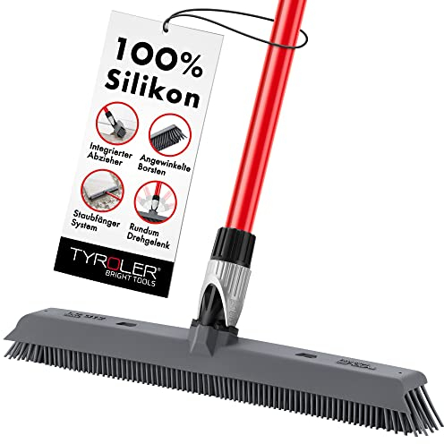 Tyroler | Staubfänger Besen & Abzieher | 41cm Kopf | 140cm Anti-Rost Griff | 100% Naturkautschuk | Mehrzweck für Innen, Außen, Teppiche, Decks, Boden | Wasserfest & Waschbar (Grey)