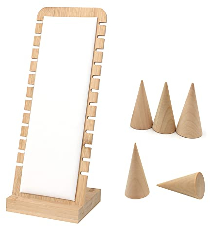 Zasvec Expositor Collares para Colgar Collares Soporte de Joyería de Madera Soporte para Collares Soporte de Exhibición de Collar Expositor para Collares con 5 Soporte de Anillo de Cono