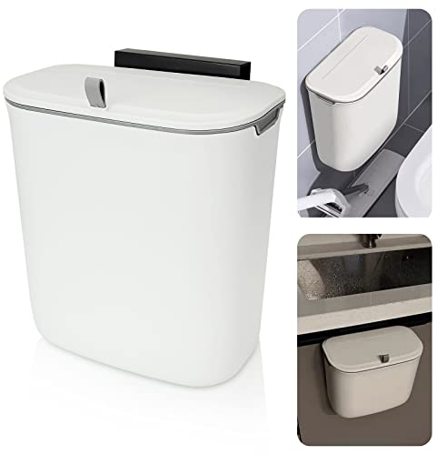 Cubo de basura colgante con cubierta deslizante, 9 L integrado con tapa, contenedores de plástico para armario, cocina, autocaravana, baño, inodoro, dormitorio, sala de estar, oficina (blanco)
