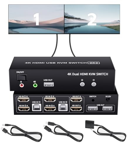 Bolaazul Switch KVM a 2 Porte HDMI USB 4K@60Hz, Dual Port USB 2.0 HDMI 2.0 Switcher 2x2, Tastiera Mouse Peripheral Switcher 2 in 2 Out per 2 PC 2 Monitor