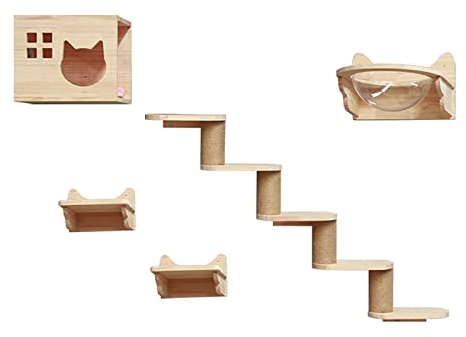 CHEMYO Wand-Katzenregale – Katzen-Wandmöbel, an der Wand befestigtes Katzenregal, Katzen-Aktivitätsbäume, Katzentürme, Katzentreppe, Naturholz, Katzengehwege für Wände – zum Schlafen, Spielen, Klet