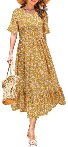STYLEWORD Women Summer Dress Floral Short Sleeve Ladies Casual Swing Midi Dress with Pockets(Yellow Floral,Large)