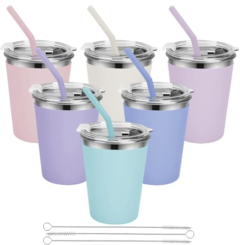 Yummy Sam 6 Pack Kids Cups with Silicone Straws and Lids 12oz Stainless Steel Water Drinking Bottle with Non-Slip Heat Insulation Light Color Full Sleeves for Children Adult School Outdoor Home Use