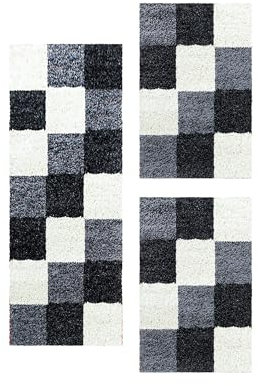 Carpetsale24 Bettumrandung Schlafzimmer 3 teilig Shaggy Hochflor Teppich Schwarz Bettvorleger Schlafzimmer Bettset: 2 St. 60x110 cm | 1 St. 80x250 cm - Teppich Läufer Set Kariert Design