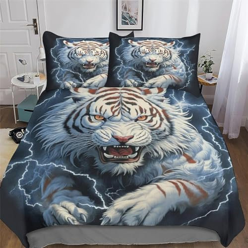 Bettwäsche 135x200 WeißEr Tiger Muster Weich Bequem Atmungsaktiv Hypoallergen 3D Sommerbettwäsche Bettwäsche Set + 1 Kissenbezug 80x80 cm,Geeignet für Jungen Mädchen Kinder