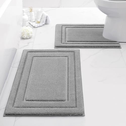 HOMEIDEAS Bathroom Rugs Sets 2 Piece, Super Soft and Absorbent Non Slip Microfiber U-Shaped Toilet Bath Mat Set (20x32+U20 x24, Grey)
