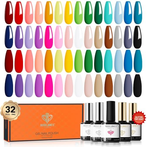Modelones Uv Nagellack Set 32Pcs, 28 Regenbogen Farben Gel Nagellack mit Base Coat, Matte& Glossy& Glitter Top Coat,Rot Blau Grün Rosa Blau Gellack Set Soak Off Starter Nail Gel Kit Manicure Gift,7ml
