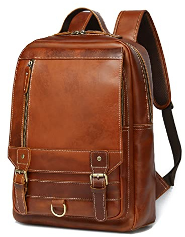 LANNSYNE Vintage Genuine Leather Backpack For Men Fits up to 15 Laptop Travel Hiking Rucksack