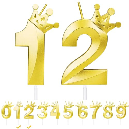 Geburtstagskerzen Zahlen 12,Gold Geburtstag Kerzen mit Krone,3D Tortendeko,Geburtstagskerze Kuchendeko für Geburtstag Party,Jubiläum,Hochzeitstag (Gold, 12)