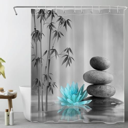 LB Zen Bamboo Shower Curtain Teal Flower Grey Stones Shower Curtains for Bathroom Japanese Garden Spa Polyester Anti Mould Waterproof Small Bath Curtain Set with Hooks,71Lx59W inches