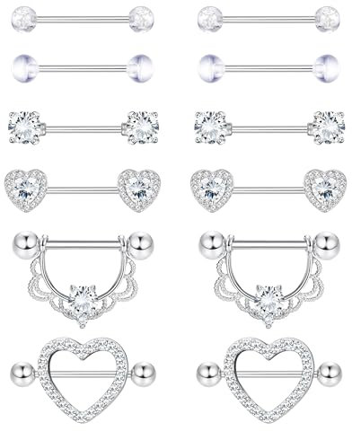 Diamday 6 Paare Nippelpiercing 316L Chirurgenstahl Brustwarzenpiercing 14G CZ Zungenpiercing Nipple Piercings für Damen Hypoallergen Herz Nipplerings Barbell Piercing Nipple Körperschmuck Set