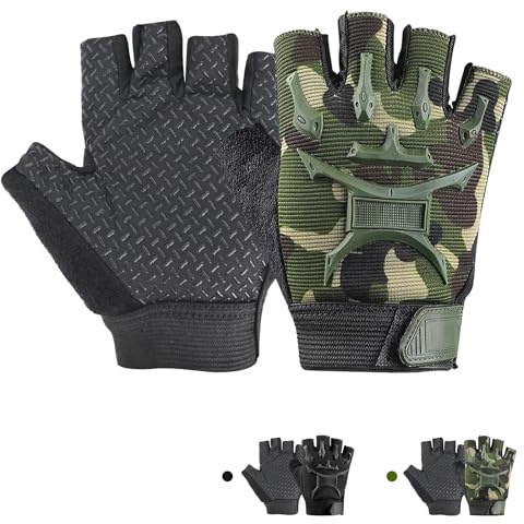 CubePlug Kids Half Finger Fingerless Cycling Gloves - Breathable, Non-Slip, Shockproof, UV Protection Kids Mittens - Perfect for Outdoor Sports, Training, Climbing, Skateboarding (Camo, XL)