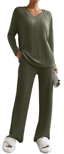 CheChury Pigiama Donna Lungo Invernale Pigiama da Donna Cotone Leggero con Girocollo Pigiama 2 Pezzi Donna Pantaloni con Tasca Sciolto Accogliente Pigiama da Notte Pigiami Casual da Casa Loungewear