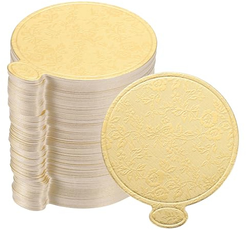 sourcing map 200pcs Mini Cake Boards, Mousse Cake Cardboards Round Cake Bases Plates Cupcake Dessert Displays Base Tray for Cupcakes, Cakes, Pastries Base - Grease Proof (Floral Gold)