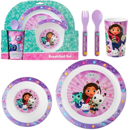 Get Trend Gabby's Dollhouse Vajilla Infantil 5 Piezas, Vajillas Completas con Plato, Bol, Vaso, Cuchara y Tenedor de Plástico Reutilizable sin BPA (Multi Gabby's Dollhouse)