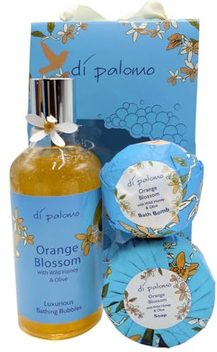 Di Palomo Orange Blossom & Honey Luxury Spa Collection. Bathing Bubbles 300ml, Bath Bomb & Luxury Soap Bar. Relaxing Gifts for Women, Birthday Gifts for Women, Pamper Gifts, Self Care & Spa Gift Set.