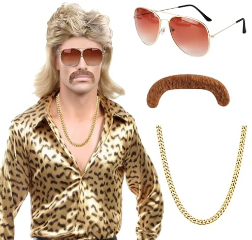 Vokuhila Perücke Herren, 80er Jahre Outfit Perücke Männer Lang 90er Mullet Perücken Blond Accessoires Disco Fasching Wig Zubehör Sonnenbrille Halskette Bart Cosplay Halloween Kostüm Party Mottoparty
