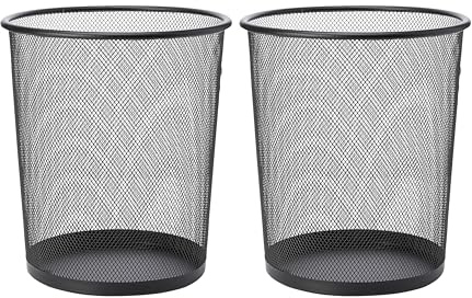 ADEPTNA Set of 2 Mesh Trash Can Durable Black Metal Waste Bin Sturdy Paper Bin Stylish Round Garbage Basket for Home, Office, Bedroom, Bathroom, Kitchen Non-Slip Sleek Design