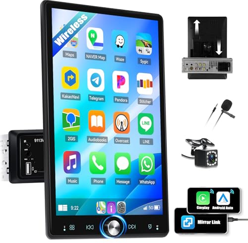 CAMECHO Autoradio 1 Din 10.4 Zoll Wireless Carplay Android Auto Radio mit Bildschirm Bluetooth Schüttelbar Touchscreen Display mit FM/RDS Mirror Link Lenkradsteuerung +Rückfahrkamera