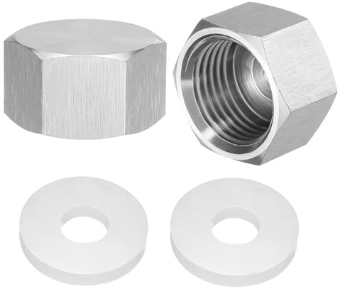 sourcing map 2pcs Hex End Cap 304 Stainless Steel Nut with Washer, PT 1/2 Female Thread Pipe Fitting, Gas Line Water Line Stop Valve Cap Tubing Ends for Plumbing Fittings, Silver Tone